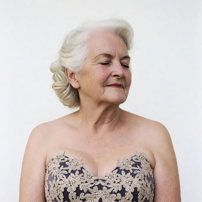 Elderly woman in beaded strapless gown