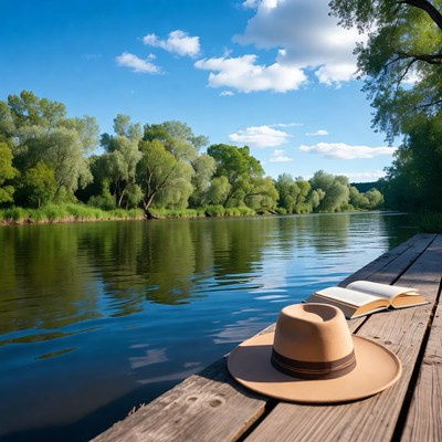 Open book and hat on wooden dock
