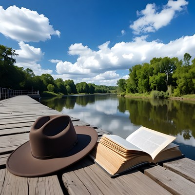 Cowboy Hat and Open Book on Wooden Pier