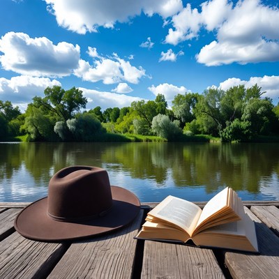Brown Cowboy Hat and Open Book on Dock