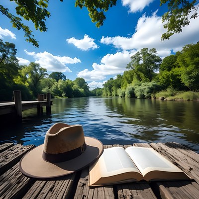 Beige Hat and Open Book on Wooden Dock