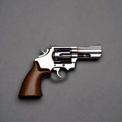 Silver revolver on gray background