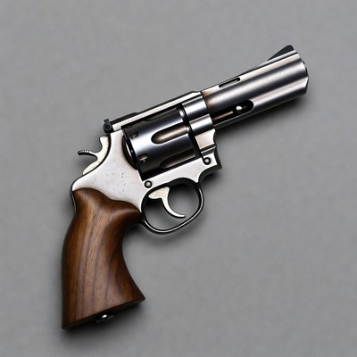 Silver revolver handgun on gray background