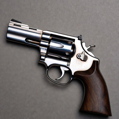 Shiny Silver Revolver on Gray Background