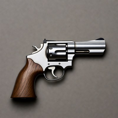 Silver revolver on gray background