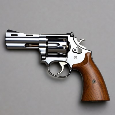 Shiny Silver Revolver on Gray Background