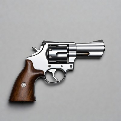 Silver revolver handgun on gray background