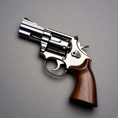 Silver revolver on gray background