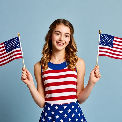 Teen girl holding American flags