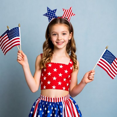 Girl holding American flags in patriotic outfit