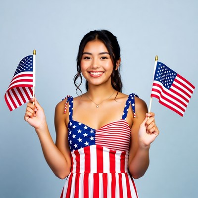 Asian woman holding American flags