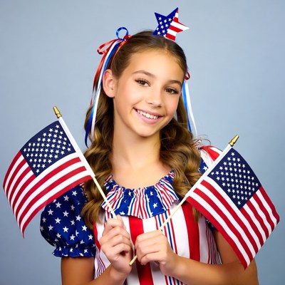 Girl holding American flags in patriotic dress