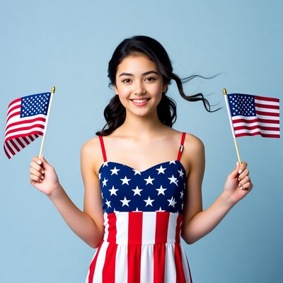 Asian girl holding American flags