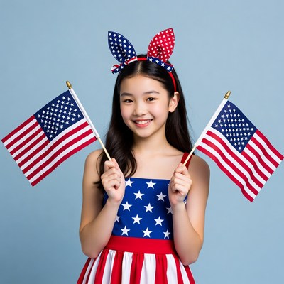 Asian girl holding American flags