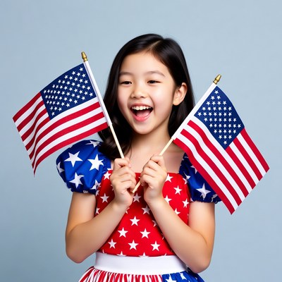 Asian girl holding American flags