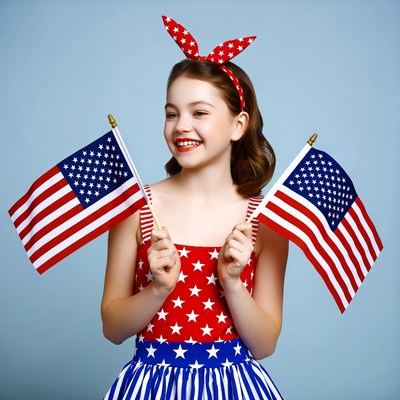 Girl holding American flags in pinup dress