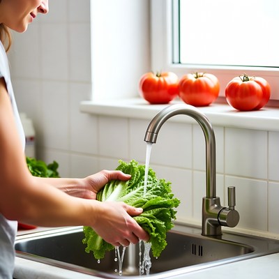 Woman washing lettuce in kitchen sink