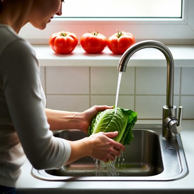 Woman washing lettuce in kitchen sink