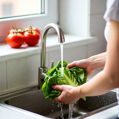 Woman washing lettuce under faucet