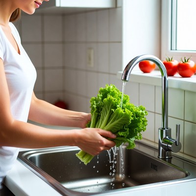 Woman washing lettuce in kitchen sink