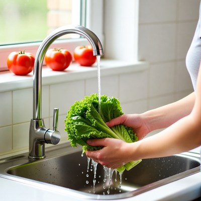 Woman Washing Lettuce Under Kitchen Faucet