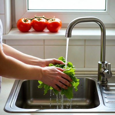 Woman washing lettuce under faucet