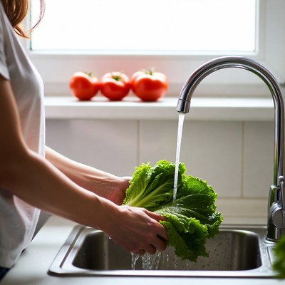 Woman washing lettuce under faucet