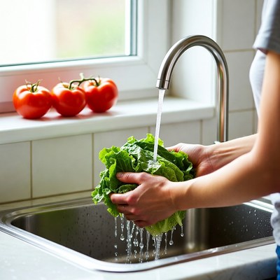 Woman washing lettuce under faucet