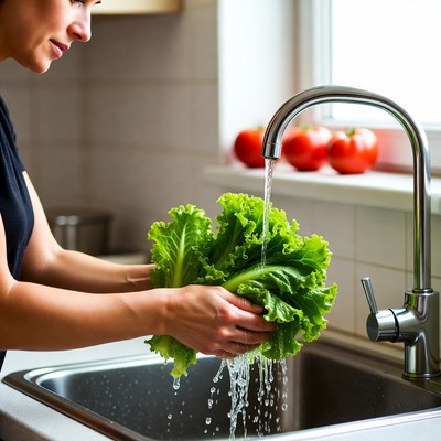 Woman washing lettuce under faucet