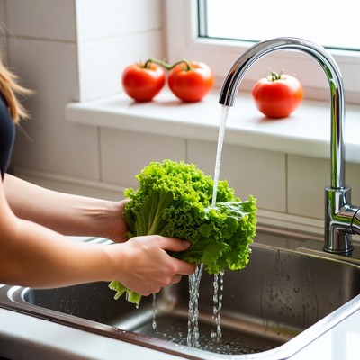 Woman washing lettuce under faucet