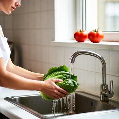 Woman washing lettuce in kitchen sink