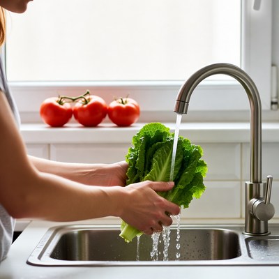 Woman washing lettuce under faucet