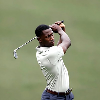 African-American man swinging golf club