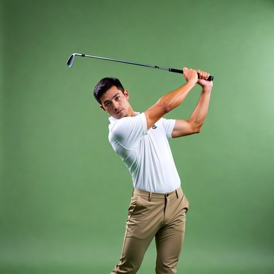 Asian man swinging golf club