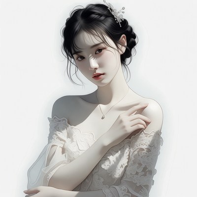 Asian woman in lace off-shoulder dress