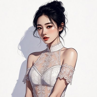 Asian woman in white lace dress