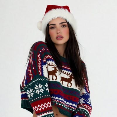 Woman in red Santa hat and reindeer sweater