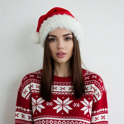 Woman wearing Santa hat and sweater