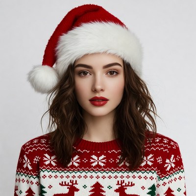 Woman wearing Santa hat and sweater