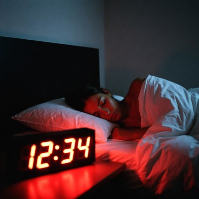 Woman sleeping beside red clock