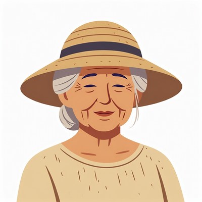 Elderly Asian woman wearing straw hat
