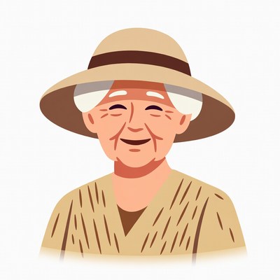 Elderly Asian woman in beige hat