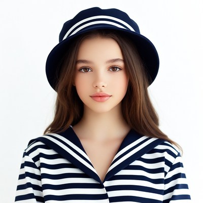 Girl in sailor hat and striped dress