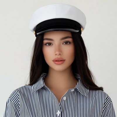 Woman wearing white captain hat