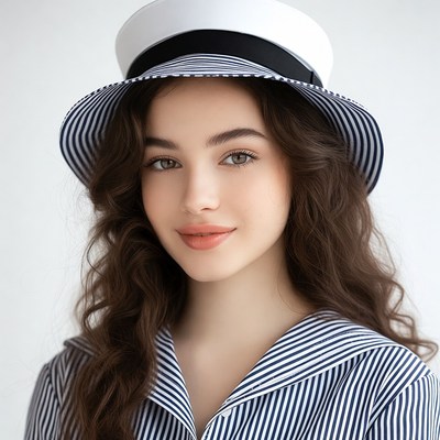 Woman wearing striped sailor hat