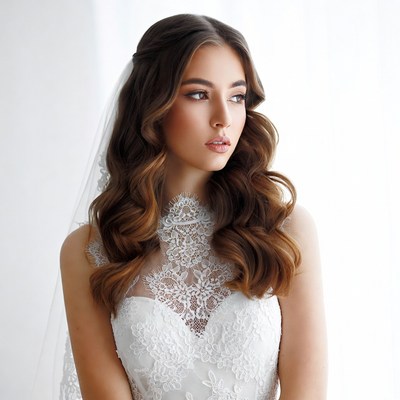 Bride with lace wedding dress and veil