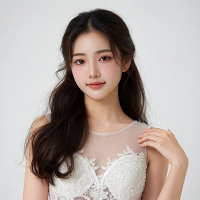 Asian woman in white lace dress