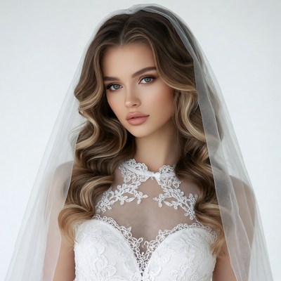 Bride in lace wedding gown with veil