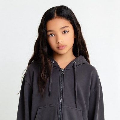 Asian girl in gray hoodie