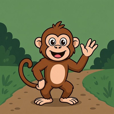 Cartoon monkey waving on path